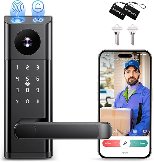CAMCAMP Smart Lock with Camera & Doorbell, Built-in WiFi Camera Deadbolt Lock for Front Door, Keyless Entry Door Lock with Handle, Fingerprint, Keypad Code, App Control, Auto Lock