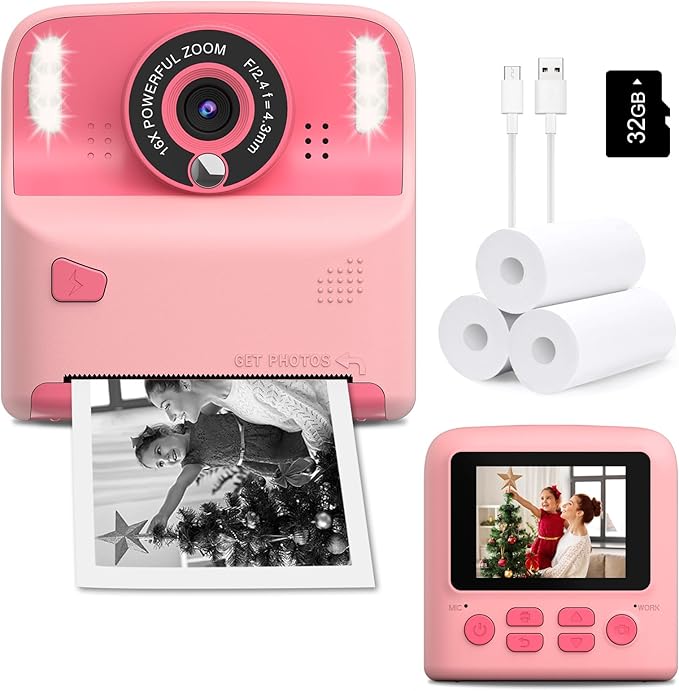 Kids Instant Print Camera, Portable Toys Camera for Toddler, Print Black & White Photos Instantly, Ideal Birthday for Boys & Girls Ages 3–12 (Pink)