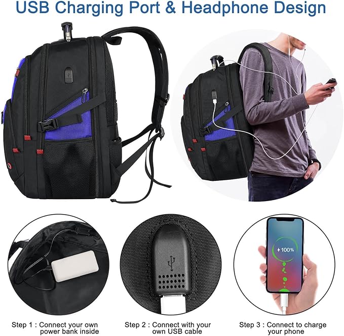 Z-MGKISS Extra Large Backpack, Travel Laptop Bag for Men, Anti-Theft College Backpack with USB Port, TSA-Approved 17.3 Inch, Heavy Duty Business Weekender Bag, Blue