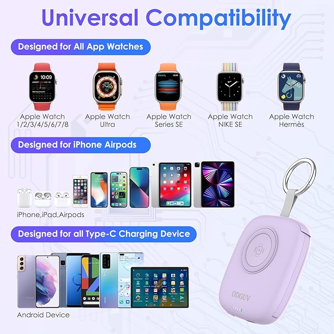 Small Portable Charger 5000mAh,iWatch Wireless Charger Mini Power Bank with Built-in Cable,Travel Keychain Charger for Apple Watch 10/9/Ultra2/8/Ultra/7/6/Se/5/4,iPhone 17/16/15/14/13/12,Android Phone