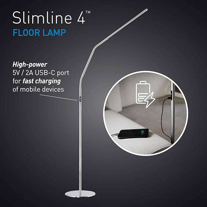 daylight Slimline 4™ LED Floor Lamp in Brushed Steel - 6,000K, 3,200 Lux, 4 Brightness Levels, USB-C Charging Port, Anti-Glare Diffuser, Flexible Design, Art & Craft, Sewing, Nail Salon