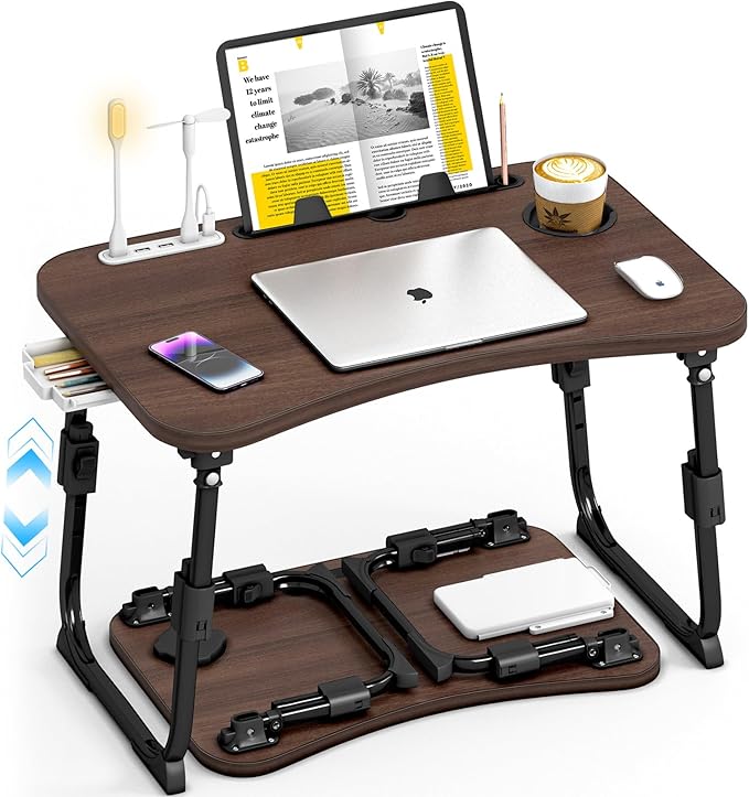 Lap Desk for Bed Adjustable Height, Foldable Bed Table with Storage Drawer, Tablet Slot & Cup Holder, Portable Laptop Stand for Bed & Sofa, Bed Desk for Adults & Kids, Walnut