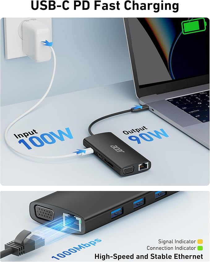 Acer USB C Hub with 4K HDMI, 9-in-1 USB C to Ethernet Adapter, 5Gbps USBA 3.0 Docking Station, VGA Splitter, SD Card Reader, PD 100W Charging for MacBook, Acer, Laptops, Surface and More (Black)