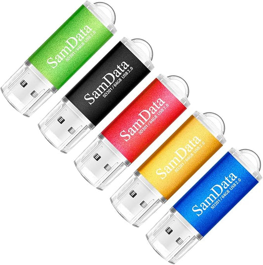 5 Pack 64GB USB Flash Drives USB 2.0 Thumb Drives Memory Stick Jump Drive Zip Drive, 5 Colors: Black Blue Green Gold Red