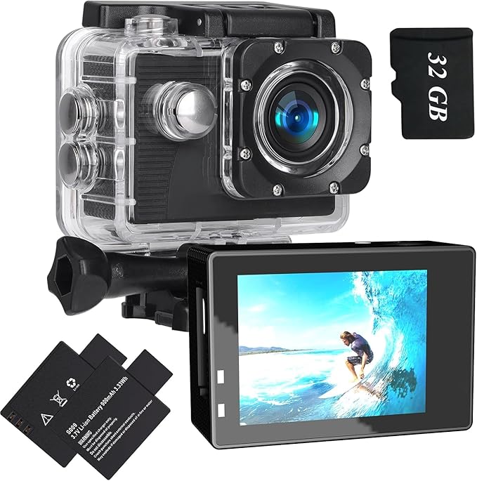 Action Camera 1080P Sports Camera 32GB Memory Card Action Cam 4xZoom 131ft Underwater Waterproof with 2 X Batteries and Multi-Function Accessory(X2R)