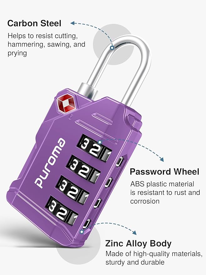 Puroma TSA Approved Luggage Locks, 2 Pack 4 Digit Resettable Travel Combination Code Lock with Zinc Alloy Body for Suitcase, Backpack, Laptop Bag, Gym Locker, Toolbox (Purple)