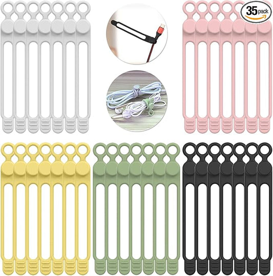 35pcs Silicone Cable Ties,Reusable Cable Management Organizer, Wire Ties，Travel Cord Ties，Cord Organizer for Bundling Cable Cords in Home,Office,Kitchen,School(5 Colors)