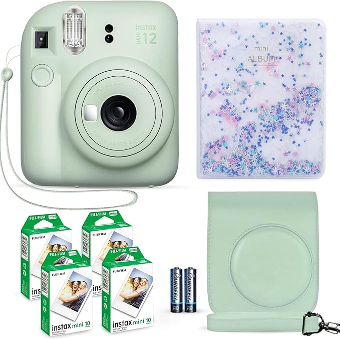 Fujifilm Instax Mini 12 Instant Camera Mint Green + Fuji Film Value Pack (40 Sheets) + Shutter Accessories Bundle, Incl. Compatible Carrying Case, Quicksand Beads Photo Album 64 Pockets