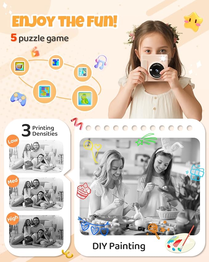 Kids Instant Print Camera, Christmas Birthday Gifts for Girls and Boys, 1080P HD Video Digital Kids Camera with Print Paper & 32G Card, Toddler Toy for 3-14 Years Old (Brown)