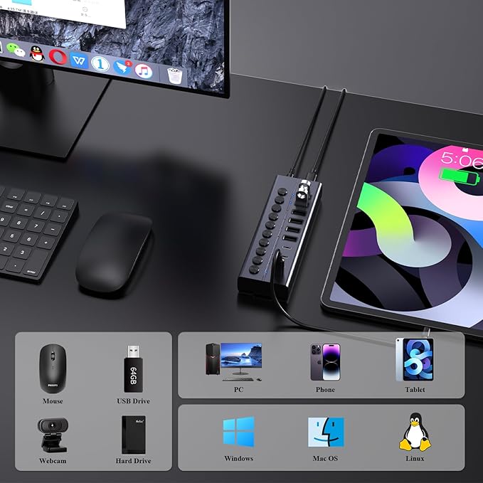 FIDECO 60W Powered USB Hub for Laptop and PC, 10-Port 10Gbps USB Splitter with 12V 5A Power Adapter, Aluminum USB 3.2 Gen 2 Multiport Adapter, 6 USB-A and 4 USB-C Ports, Support BC1.2 Charging