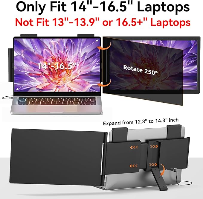 Laptop Screen Extender, 14" 1080P IPS Portable Monitor Travel Monitor for 14-16.5" Laptops with USB-C/HDMI Port, Plug and Play Attachment Screen for Windows/Mac/Android/Switch/PS5/Xbox