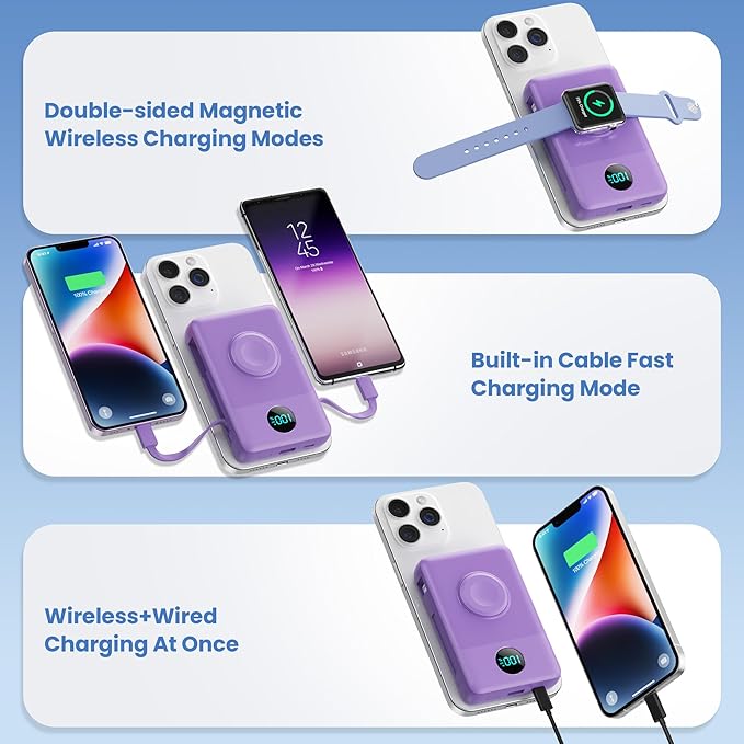 Magnetic Portable Charger 10800mAh for iPhone with Built-in Cables, 6-in-1 Wireless Power Bank with iWatch Charger,25W PD Fast Charging USB C Battery Pack for iPhone 16/15/14/13/12,Apple Watch(Purple)