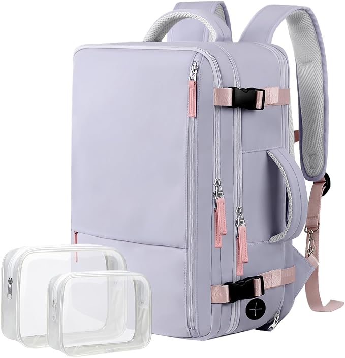 Hanples Large Travel Backpack for Women as Person Item Flight Approved, Waterproof 40L Carry On Backpack, 17 Inch Laptop Backpack for Business Bag with 2 Toiletry Bags (Gray Purple)