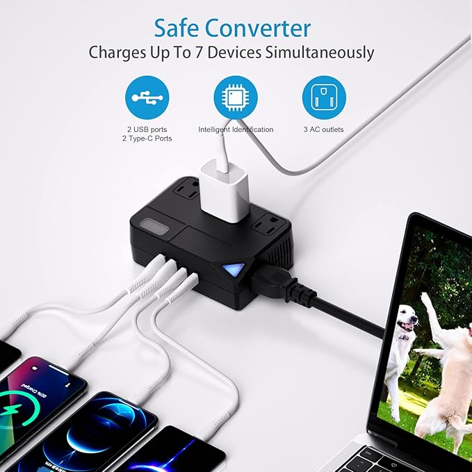 Universal 100V-220V Travel Converter，250W Voltage Converter with 2 USB and 2 USB-C Charging Ports and 3 AC Plugs for curlers, straighteners, Included Plugs are Type A, C, D, G, I, L
