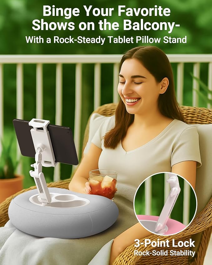 Kindle Pillow Stand for Bed, Adjustable Tablet & Phone Holder for iPad, Kindle, Couch – Snack & Drink Holders, 50 Disposable Liners & Washable Pillow Cover (Grey)