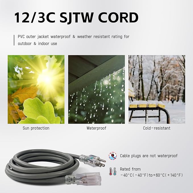 EP 50 Ft Lighted Outdoor Extension Cord - 12/3 SJTW Heavy Duty Grey Extension Cable with 3 Prong Grounded Plug - Power Cord for Lawn, Garden, Appliances