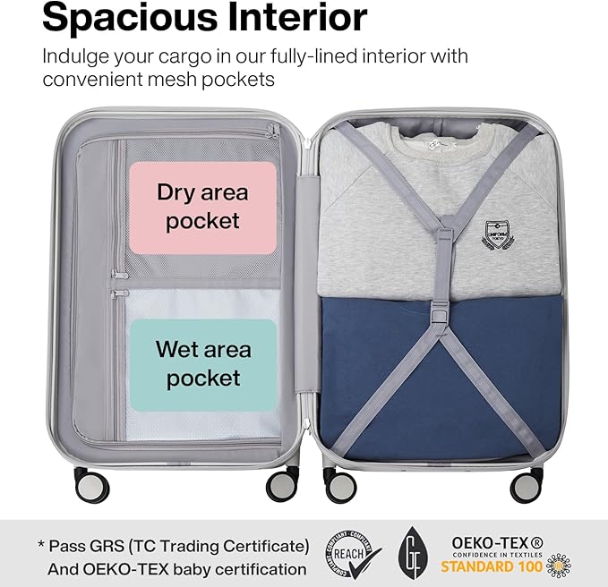 mixi Upgrade Luggage Suitcases with Spinner Wheels, Hardside Rolling Suitcase PC with TSA Lock Travel Case 24in Checked in, Fine Grid Smoke White