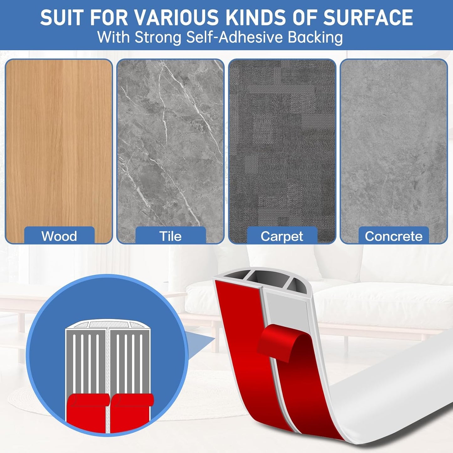 Floor Cord Cover Self Adhesive Cord Hider Floor Extension Cord Covers for Floor Power Cord Protector Cable Management Prevent Cable Trips Cable Cavity 0.59" W x 0.31" H (White, 10Ft)