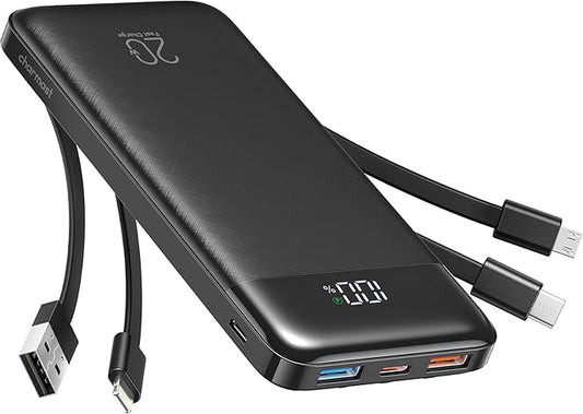 charmast 20000mAh Portable Charger with Built in Cables, 22.5W Travel Power Bank Fast Charging, USB C Cell Phone Battery Pack for iPhone 16/15/14/13/12/11 Series, iPad, Samsung, Android, Tablet