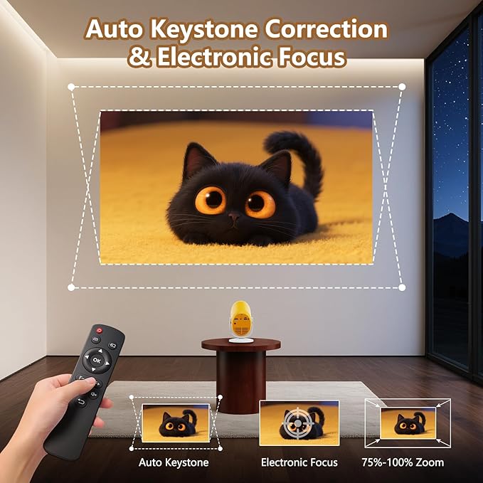 Portable Mini Projector with WiFi and Bluetooth Rotatable Movie Projector with Electronic Focus LED Pico Projectors for Home Theater Compatible with Smartphone, TV Stick, Laptop, HDMI, USB