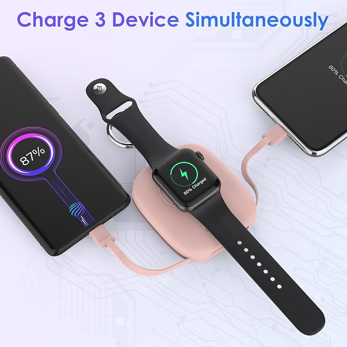 Small Portable Charger 5000mAh,iWatch Wireless Charger Mini Power Bank with Built-in Cable,Travel Keychain Charger for Apple Watch 10/9/Ultra2/8/Ultra/7/6/Se/5/4,iPhone 17/16/15/14/13/12,Android Phone