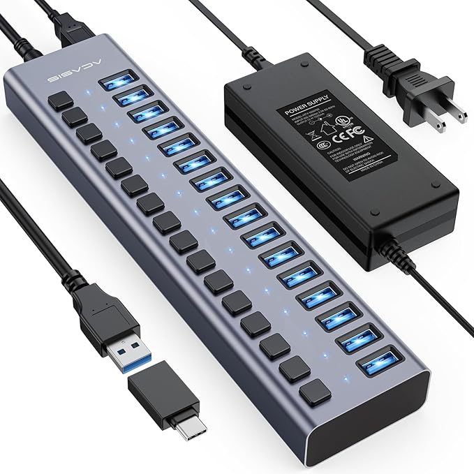 Powered USB 3.0 Hub, ACASIS 16 Ports USB 3.0 Hub with 5Gbps Data Speed，Aluminum Housing, USB Hub Powered with 90W Power Adapter, USB Hub for PC/Laptop, Computer, Flash Drive, Printer, Camera