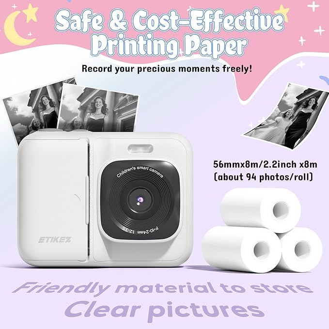 Kids Camera, 1080P Instant Digital Print Camera for Kids, Christmas Birthday Gifts for 4 5 6 7 8 9 10 Year Old Girls Boys, Portable Toy with 32GB SD Card & 3 Rolls Printing Paper, 1 Count, White
