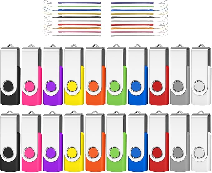 AreTop Bulk Flash Drive 8GB 20 Pack, USB 2.0 Swivel Thum Drives Pendrive USB Memory Stick Bulk Data Storage (20PCS 8GB with Lanyards)