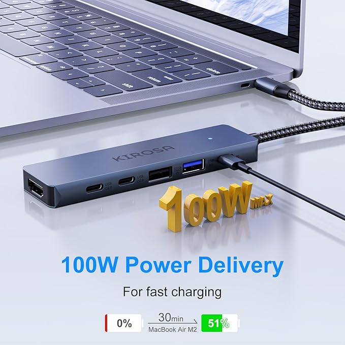 9IN1 USB C Hub Multiport Adapter for MacBook Pro Air: KIROSA USB C to 4K HDMI Hub Dongle with 100W PD USB3.0 - Portable USBC Hub Compatible with Laptops and Other Type C Devices