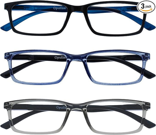 OPULIZE SEE Reading Glasses with Blue Light Blocking for Women and Men, Narrow Frame, Spring Hinges, Computer Gaming Glasses, Black,Blue,Grey +1.5 (Pack of 3)