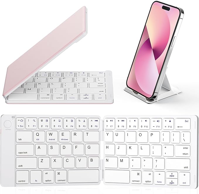 Samsers Foldable Bluetooth Keyboard - Portable Wireless Keyboards with Stand Holder, Rechargeable Full Size Ultra Slim Folding for iOS Android Windows Smartphone Tablet and Laptop, White-Pink