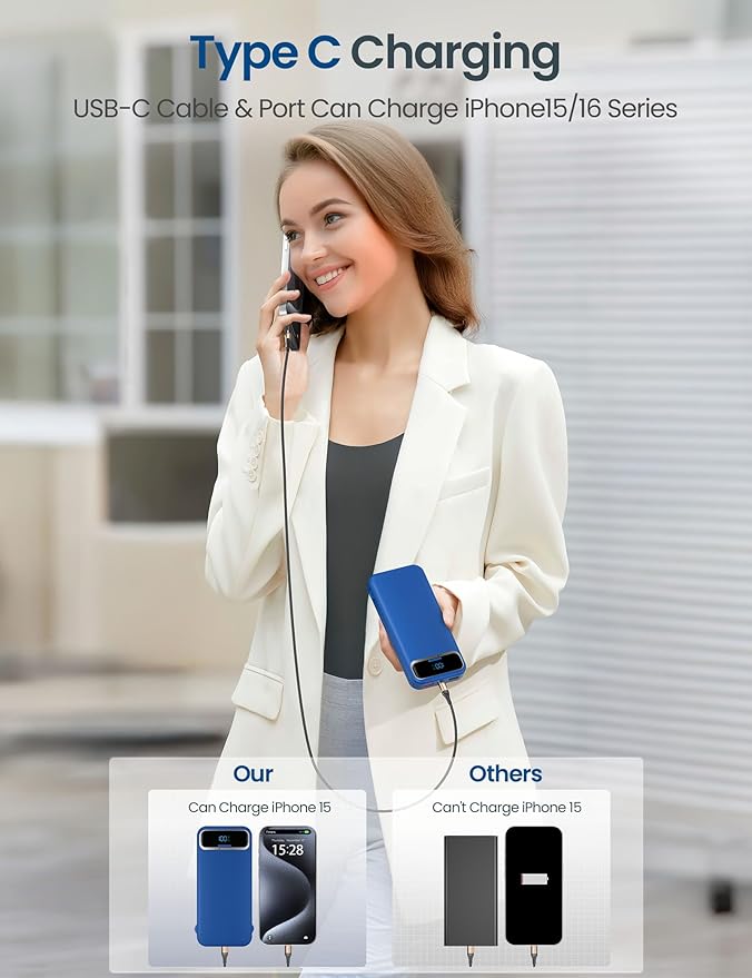 12000mAh Lightweight-Portable-Charger-Power-Bank with Built-in Cables and AC Wall Plug, PD20W USB-C Fast Charging Battery Pack, LED Display External Travel Phone Charger for All iPhone,Samsung,Android