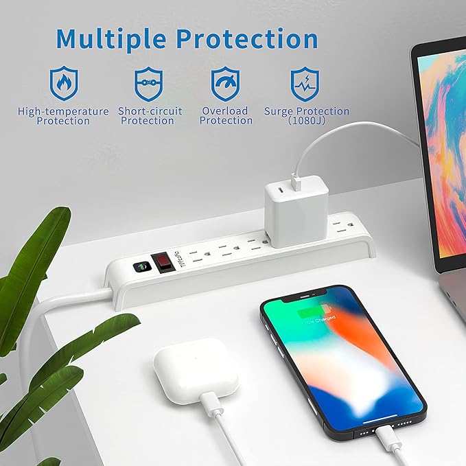 Surge Protector Power Strip, 4 Feet Extension Cord, 600 Joules Surge Protection, Multiple Protection 6 Outlet Strip, ETL Listed, White (2 Packs)