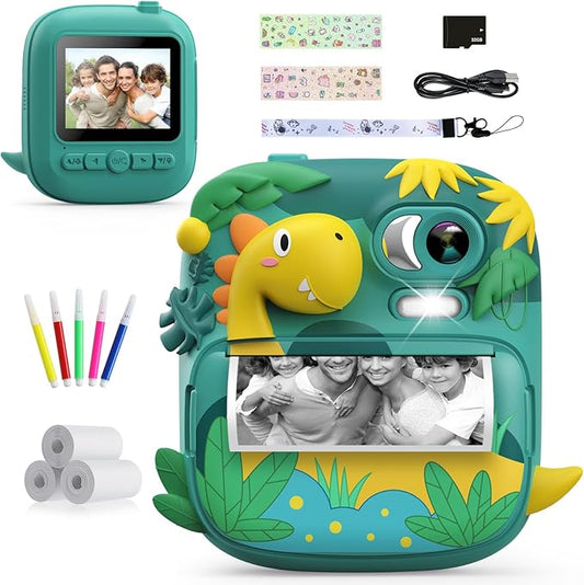 Kids Camera Instant Print, CAMCLID 2.4 Inch Screen Camera for Kids Dinosaur Children Digital Camera with 32GB Card & 3 Rolls Paper, Christmas Birthday Gift Toys for Boys Girls 3-12 Age (Green)