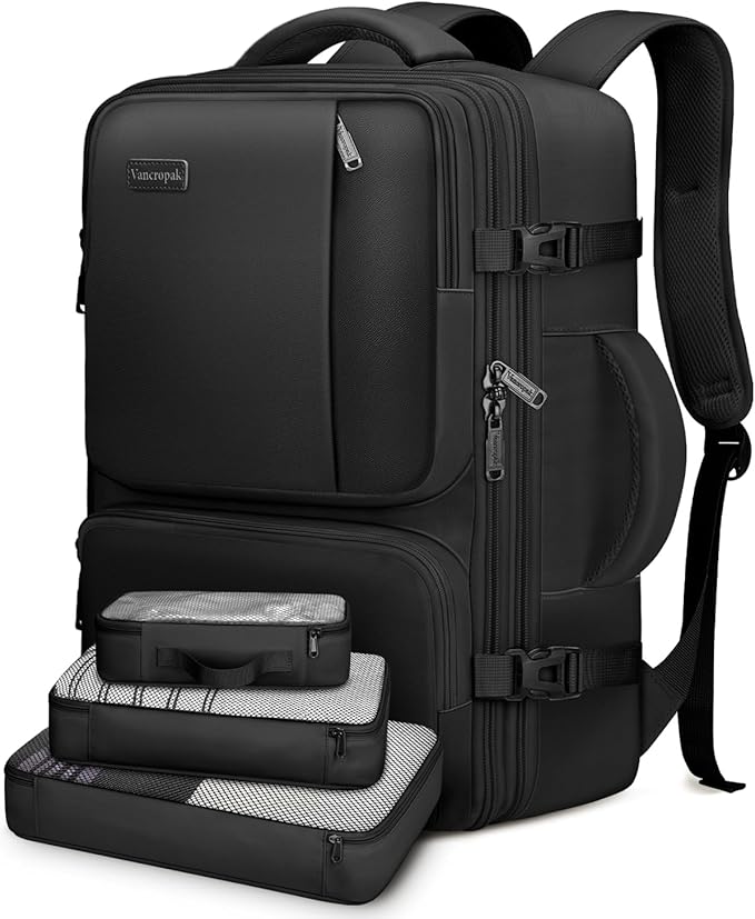 Vancropak Carry on Backpack, 47L Expandable Extra Large Travel Backpack with 3 Packing Cubes, Flight Approved Water Resistant Luggage Suitcase Weekend Duffle Bag Overnight Daypack for Men Women, Black