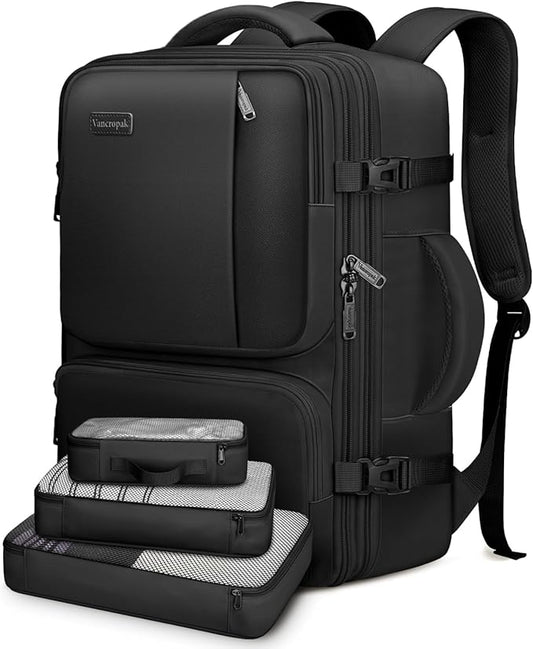 Vancropak Carry on Backpack, 47L Expandable Extra Large Travel Backpack with 3 Packing Cubes, Flight Approved Water Resistant Luggage Suitcase Weekend Duffle Bag Overnight Daypack for Men Women, Black