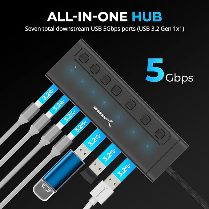 SABRENT 7-Port USB-C Hub with Power Switches, 5Gbps USB 3.2, 48W Powered Hub with 3 USB-A + 4 USB-C Ports, 20W PD, LED Status, Aluminum Body – for Mac, PC, Steam Deck, ROG Ally (HB-3A4C)