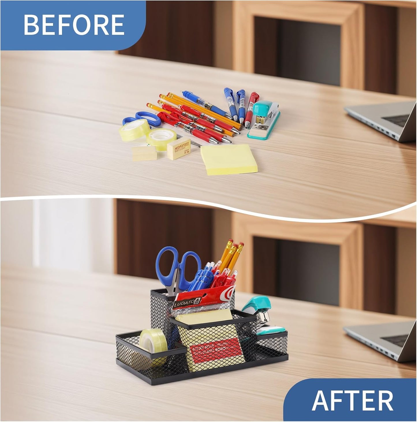 Ludato Desk Organizers Pen Holder for Desk, 4 Compartments Black Mesh Pen Holder Storage for Office Desk Accessories