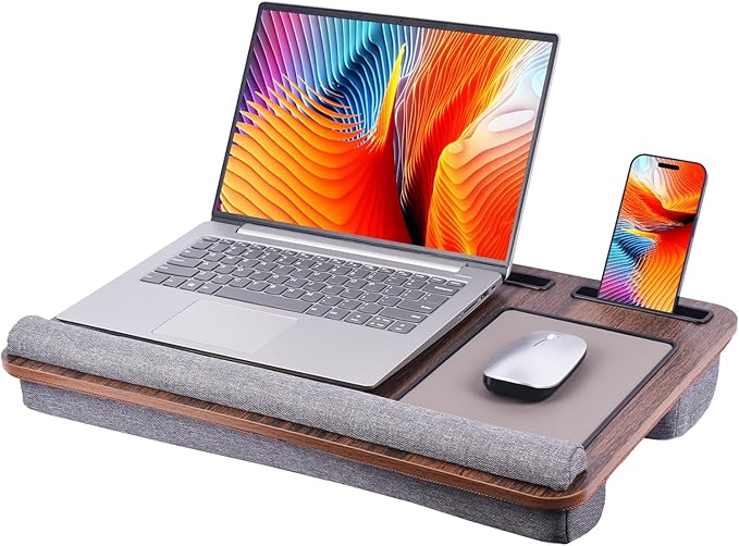 Home Office Lap Desk with Wrist Rest Wrist Rest, Mouse Pad, and Phone Holder Large Laptop Bed Desk for Notebook, Laptop, Tablet, Lap Stand Fits Up to 17 Inch Laptops (Brown)