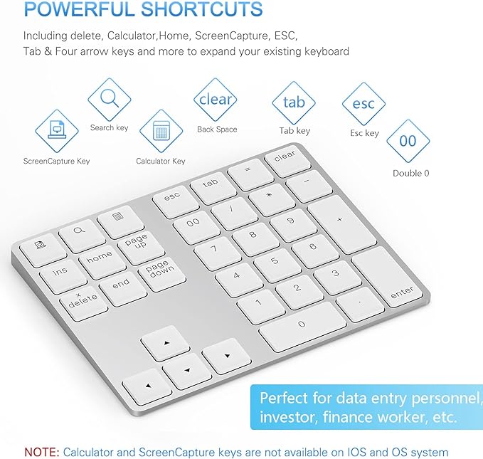 Lekvey Bluetooth Number Pad, Aluminum Rechargeable Wireless Numeric Keypad Slim 34-Keys External Numpad Keyboard Data Entry for Laptop, MacBook, MacBook Air/Pro, iMac, Windows, Surface Pro - Silver