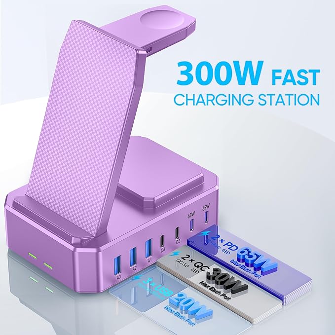 300W Charging Station for Multiple Devices Apple, Zutspzss 10 in 1 Wireless Charger for iPhone 16, GaN III USB C 65W PD Fast Charging Stand Dock for MacBook, Apple Watch&Airpods,Purple
