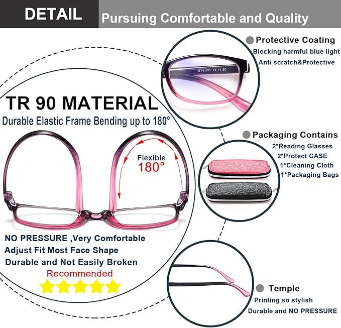 EYEURL Reading Glasses For Women - Blue Light Blocking Glasses Reduce Eyestrain - 2 Pack TR90 Frame Lightweight +0.0