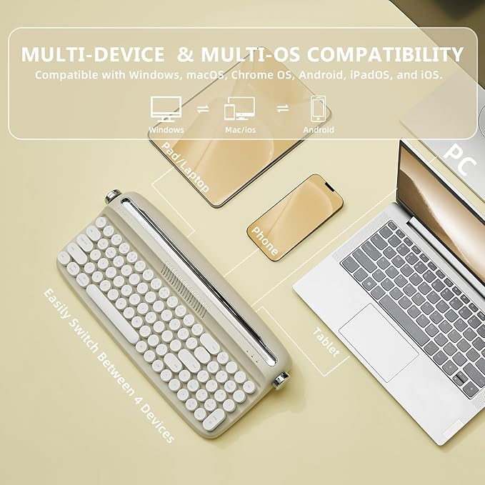 YUNZII Upgraded Wireless Typewriter Keyboard,with Retro Integrated Stand,USB-C/Bluetooth,Cute Round Keycaps, USB-C/Bluetooth Connection for Table, Phone, PC and Win/Mac/Android (B309, Ivory Butter)