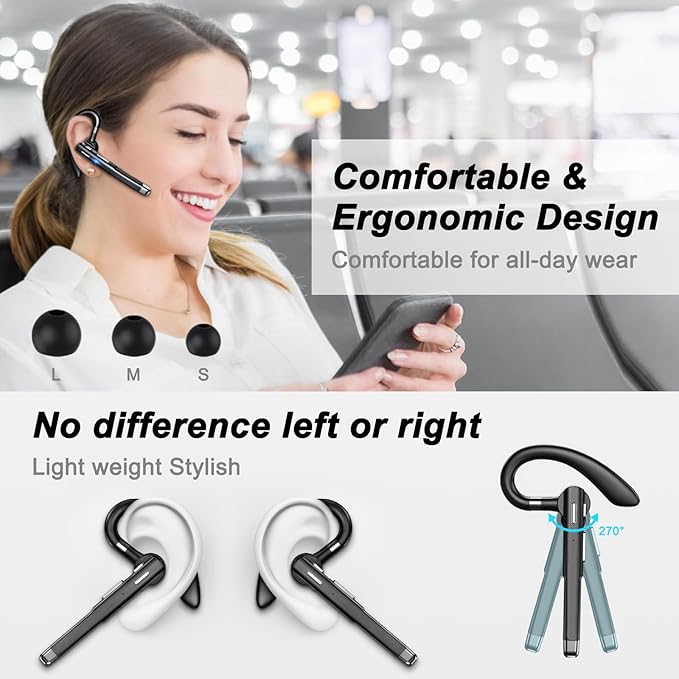 Bluetooth Headset, 100Hrs Talk Time Noise Canceling Wireless Earpiece with 500mAh Charging Case, Built-in Dual Microphone 270° Rotatable Hands Free Headphones for Trucker/Office/Business/Home/Driving