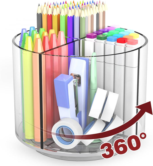 Absonic Pencil Holder for Kids, 360 Rotating Pen Holder for Desk Organizer and Storage, 4 Compartments Art Supply Marker Organizer, Pen Organizer Pencil Holder
