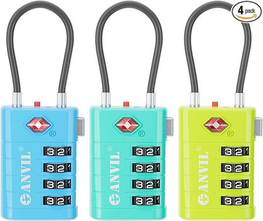 ANVIL 4 Digit Luggage Locks, TSA Locks for Luggage, Advanced TSA008 core, Alert Indicator for Your Travel Lock, Suitcase Lock.(3, 3 Colors)