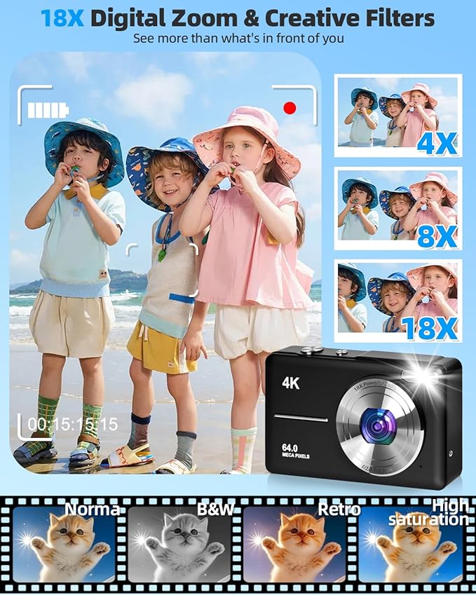 4K Digital Camera for Photography, Autofocus 64MP Vlogging Camera, 32GB TF Card, 2.8'' LED Screen, 18X Zoom, Anti-Shake, Portable YouTube Point and Shoot Digital Cameras for Kids Teens Adult Beginner