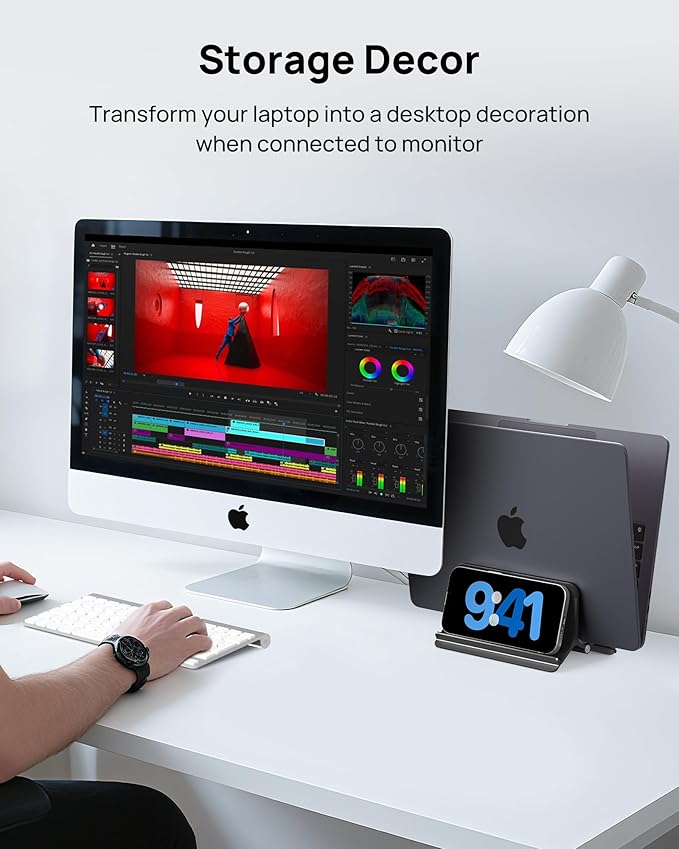 SODI Vertical Laptop Stand Holder for Desk Compatible with MacBook Air, MacBook Pro Stand Vertical Aluminum Up to 17 inch, Gravity Auto-Lock Cooling, 3-in-1 Space Saving Desk Organizer Accessories