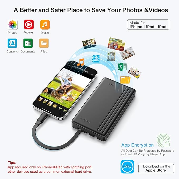 ySky MFi Certified 1TB Portable External Hard Drive for iPhone iPad MacBook Windows Computer USB C Android Phones to Backup,1TB Photo Stick for iPhone