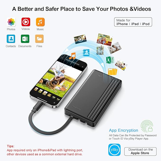 ySky 2TB External Hard Drive for iPhone & iPad,MacBook,Windows Computer,USB C Android Phones:Photo Stick USB Flash Drive to Backup Photo| Video | Music| File(MFi Certified)